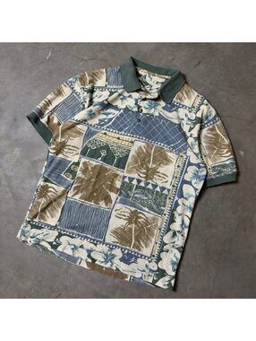 Tropical Hawaiian Patchwork Polo Mens Blue Green
